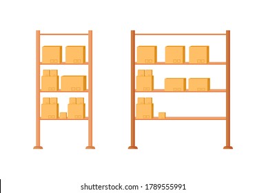 Warehouse shelves flat color vector object set. Cardboard boxes on shelf for distribution. Merchandise for shipment isolated cartoon illustration for web graphic design and animation collection