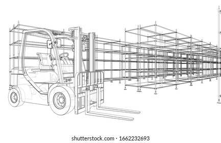 Warehouse shelves and forklift. Blueprint style. Vector rendering from 3D model