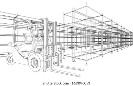 Warehouse shelves and forklift. Blueprint style. Vector rendering from 3D model