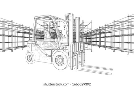 Warehouse shelves and forklift. Blueprint style. Vector rendering from 3D model