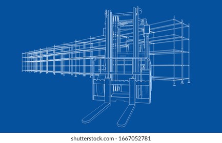 Warehouse shelves and forklift. Blueprint style. Vector rendering from 3D model