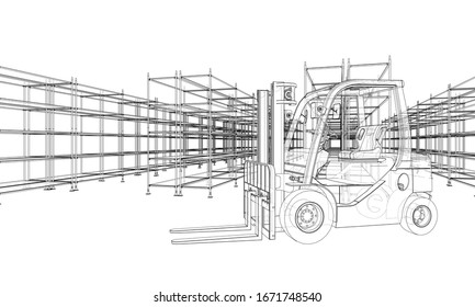 Warehouse shelves and forklift. Blueprint style. Vector rendering from 3D model