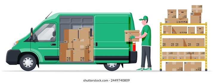 Warehouse shelves with goods, delivery van, mover, container package boxes. Pile cardboard boxes set. Carton delivery packaging open and closed box with fragile signs. Flat vector illustration