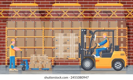 Warehouse shelves with goods, mover and container package boxes. Pile cardboard boxes set. Carton delivery packaging open and closed box with fragile signs. Vector illustration in flat style