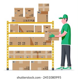 Warehouse shelves with goods, mover and container package boxes. Pile cardboard boxes set. Carton delivery packaging open and closed box with fragile signs. Vector illustration in flat style