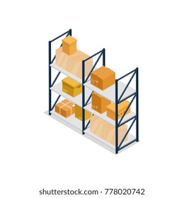 Warehouse shelves interior element isometric 3D icon. Shipping and delivery logistics, goods packing object vector illustration
