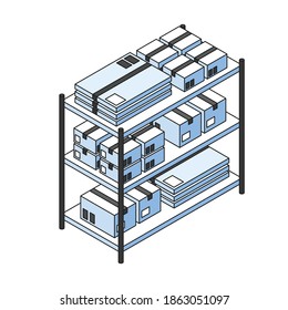 Warehouse shelves with parcels of different size 3d isometric vector illustration