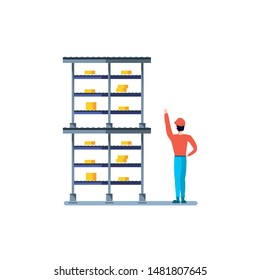 warehouse shelving metalic with boxes and operator
