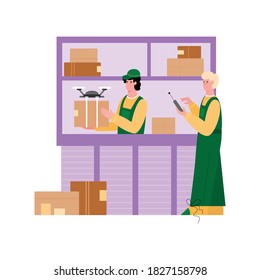 Warehouse or shipping company workers packaging parcels for drone delivery, cartoon vector illustration isolated on white background. Quadcopter drones smart delivery.
