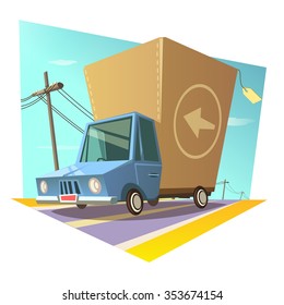 Warehouse and shipping concept with retro cartoon style delivery truck vector illustration