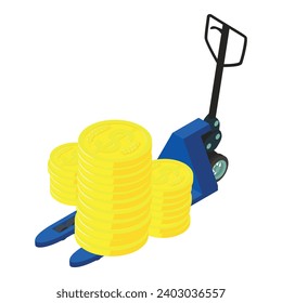 Warehouse shipping icon isometric vector. Big golden coin stack on hand forklift. Logistic concept, warehousing service