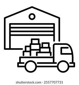 Warehouse and shipping truck line icon with editable stroke, representing the logistics and transportation process involved in storing and delivering goods via a warehouse and truck