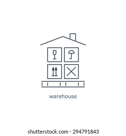 Warehouse sign. Leasing of premises for storage. Cargo handling with care. Package insurance concept. Thin lines, flat design.