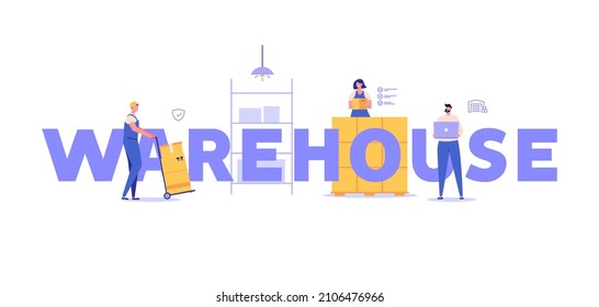 Warehouse sign with workers. Man loader carrying boxes. Warehouse manager checking package boxes on shelf. Courier delivering parcels. Vector illustration in flat design for web banner