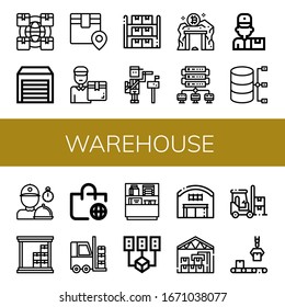 warehouse simple icons set. Contains such icons as Logistics, Warehouse, Delivery man, Storage, Paperboy, Data mining, Worldwide shipping, can be used for web, mobile and logo