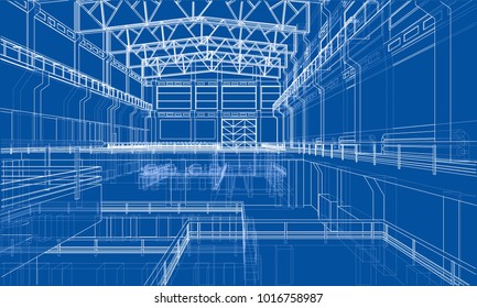 Esbozo de almacén. Representación vectorial de 3d. Estilo de marco de cables. Las capas de líneas visibles e invisibles están separadas