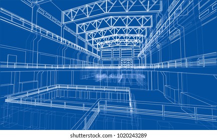 Warehouse sketch. Vector rendering of 3d. Wire-frame style. The layers of visible and invisible lines are separated
