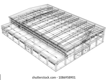 Warehouse sketch. Vector rendering of 3d. Wire-frame style. The layers of visible and invisible lines are separated