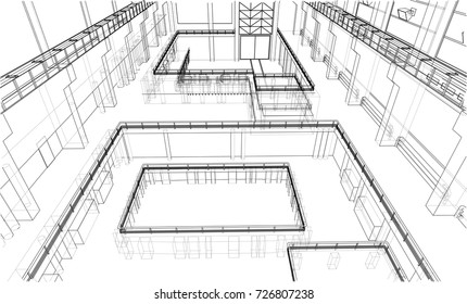 Warehouse sketch. Vector rendering of 3d. Wire-frame style. The layers of visible and invisible lines are separated