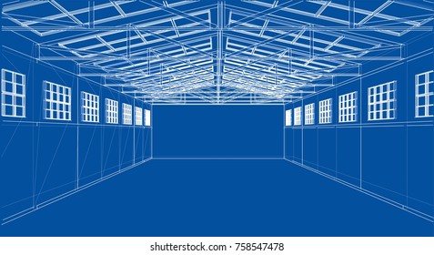 Warehouse sketch. Wire-frame style. The layers of visible and invisible lines are separated