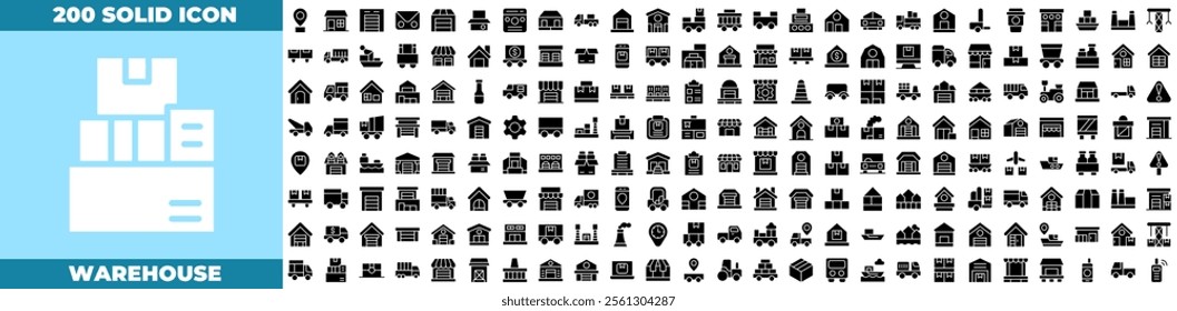 Warehouse Solid Editable Icons set. Vector illustration in modern thin solid style of warehouse icons: Containing warehouse, database, box, inventory, container, shelf, etc