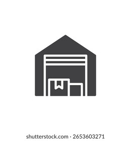 Ícone sólido de depósito em estilo de vetor de glifo. Um ícone em negrito de um edifício com caixas de inventário. Ícone de armazenamento e símbolo comercial para logística de comércio eletrônico.