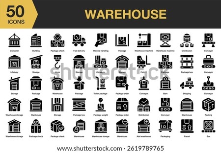 Warehouse solid icon set. Includes shipping, storage, factory, logistics, goods, package, and More. Solid icons vector collection.