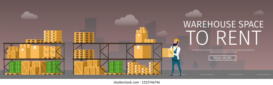 Warehouse Space Renting. Goods and Freight on Shelf. Picture of Storage with Wooden and Carton Box, Cardboard Package and Green Barrel on Pallet or Tray. Flat Cartoon Vector Illustration
