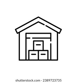 Lagerhaus mit Paketstapel. Lieferservice. Pixel perfekt, bearbeitbarer Hub