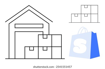 A warehouse with stacked boxes in front, alongside more stacked boxes and a shopping bag with an S symbol. Ideal for logistics, storage, online shopping, retail, and delivery services. Clean, simple