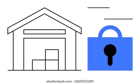 A warehouse with stacked boxes next to a prominent blue lock symbol, signifying secure storage. Ideal for storage, security, logistics, warehousing, and protection themes. Simple line art style