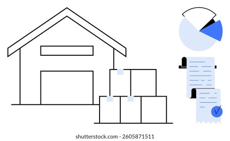 A warehouse with stacked boxes, a pie chart, and a checklist. Ideal for logistics, inventory management, data analytics, supply chain, and business operations. Simple line art style
