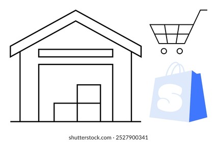 A warehouse with stacked boxes, a shopping cart, and a shopping bag with a stylized S highlight the concepts of logistics, online shopping, and retail. Ideal for e-commerce, logistics, retail