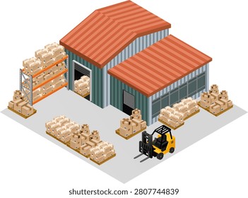 Warehouse with stacked cardboard box pallets and forklift in loading area, efficient storage and logistics management in industrial setting