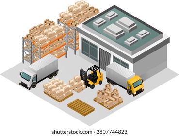 Warehouse with stacked cardboard boxes and two delivery trucks parked outside, forklift moving packages, and metal shelving for storage in industrial setting