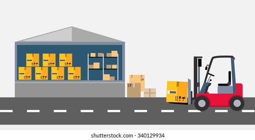 Warehouse And Stackers Flat Design. Storage And Facilities, Freight Stacking, Storage Unit, Warehouse Interior, Storage Boxes, Storage Building, Storehouse And Cargo Illustration