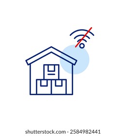 Warehouse with stacks of parcels and no wi-fi symbol. System offline, manual inventory required for shipment and orders. Pixel perfect, editable stroke vector icon