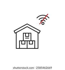 Warehouse with stacks of parcels and no wi-fi symbol. System offline, manual inventory required for shipment and orders. Pixel perfect, editable stroke vector icon