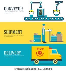 Warehouse staff moves cargo, boxes, packages and parcels. Business delivery service vector illustration design banners concept. Flat quality logistics icons background