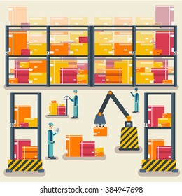 Warehouse staff puts cargoes, box, package and parcels. Business delivery service vector illustration design concept. Flat quality logistics icons background
