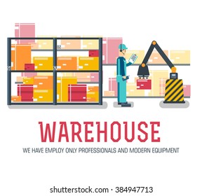 Warehouse staff puts cargoes, box, package and parcels. Business delivery service vector illustration design concept. Flat quality logistics icons background