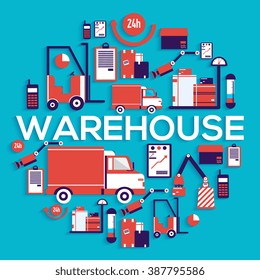 Warehouse staff puts cargoes, box, package and parcels circle concept. Business delivery service vector illustration design concept. Flat quality logistics icons background