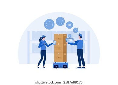 Warehouse staff using tablets and barcode scanners to track and manage inventory efficiently via a cloud based system. Flat vector illustration