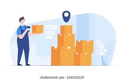 Warehouse staff wearing uniform Loading parcel box and checking product from warehouse. Delivery and logistic, storage and truck, transportation industry, delivery and logistic. Business delivery