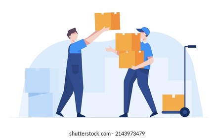 Warehouse staff wearing uniform Loading parcel box and checking product from warehouse. Delivery and logistic, storage and truck, transportation industry, delivery and logistic. Business delivery