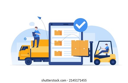 Warehouse staff wearing uniform Loading parcel box and checking product from warehouse. Delivery and logistic, storage and truck, transportation industry, delivery and logistic. Business delivery