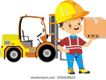 warehouse staff working with boxes and forklifters. The courier delivers goods in cardboard boxes. Colored flat vector illustration isolated on white background