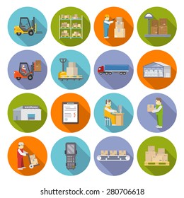 Warehouse stock and industrial storage icons flat set isolated vector illustration