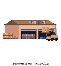 Warehouse storage with boxes and forklift vector illustration