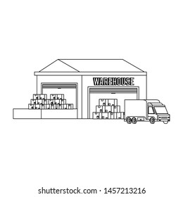 Warehouse storage with boxes merchandise and cargo truck vector illustration